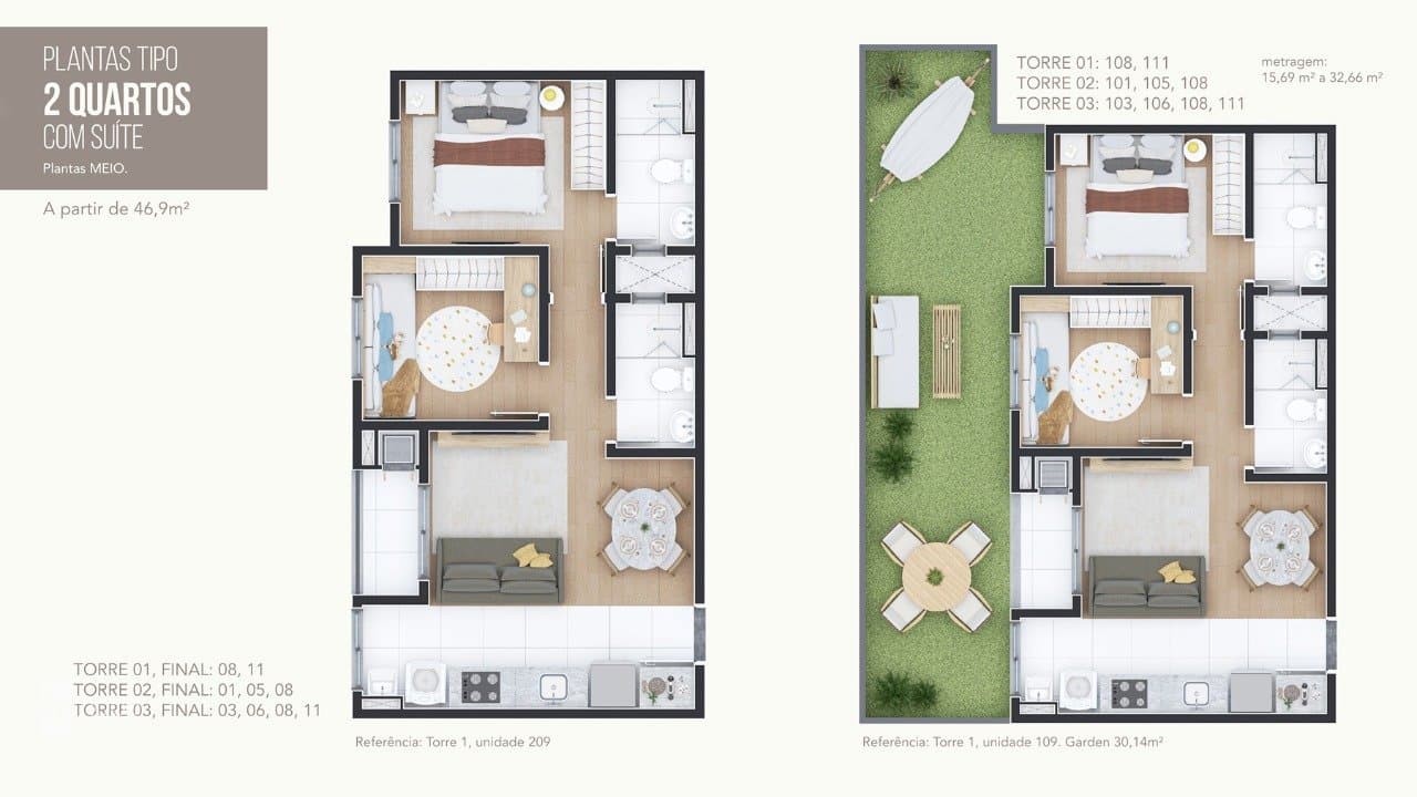 Planta 2 quartos (sendo 1 suíte) - 46,9 m²