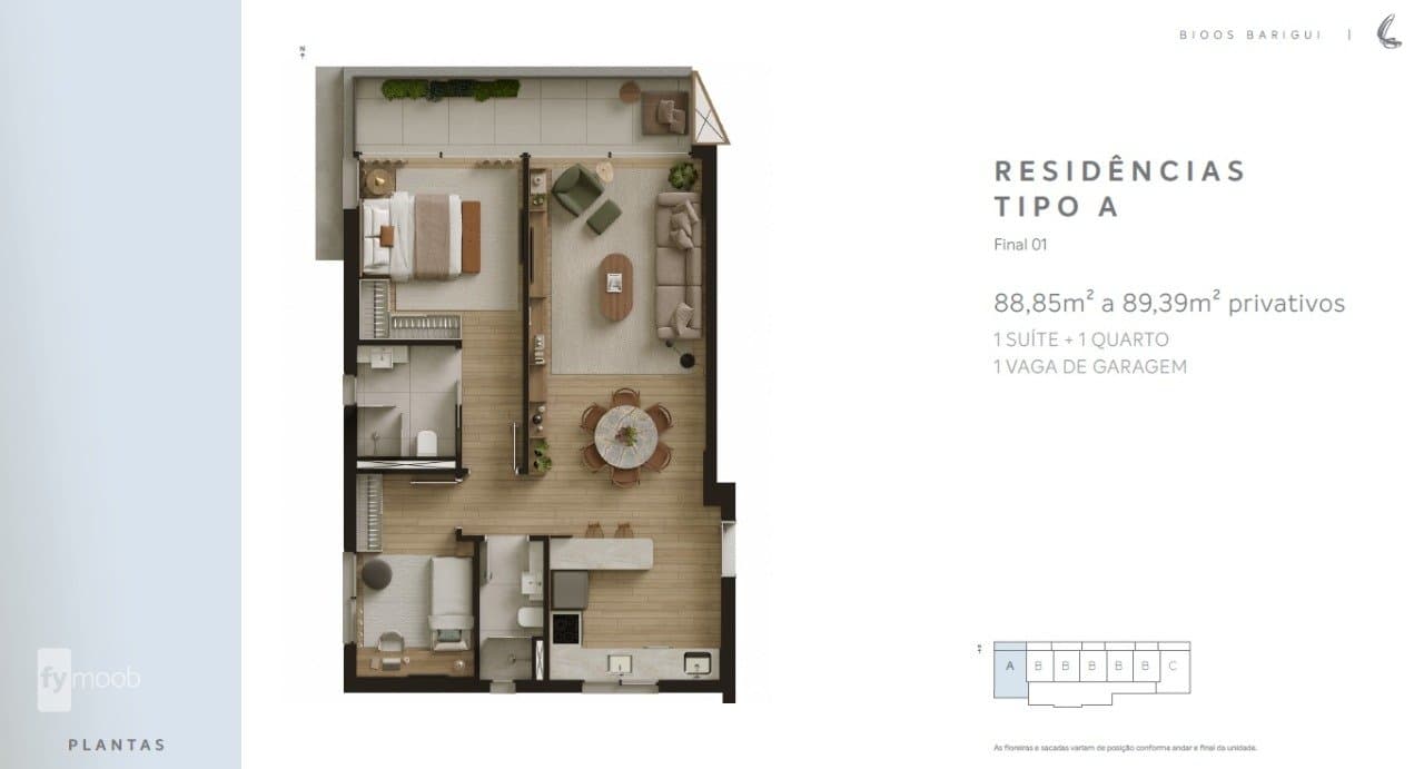 Planta 2 quartos - 89 m²