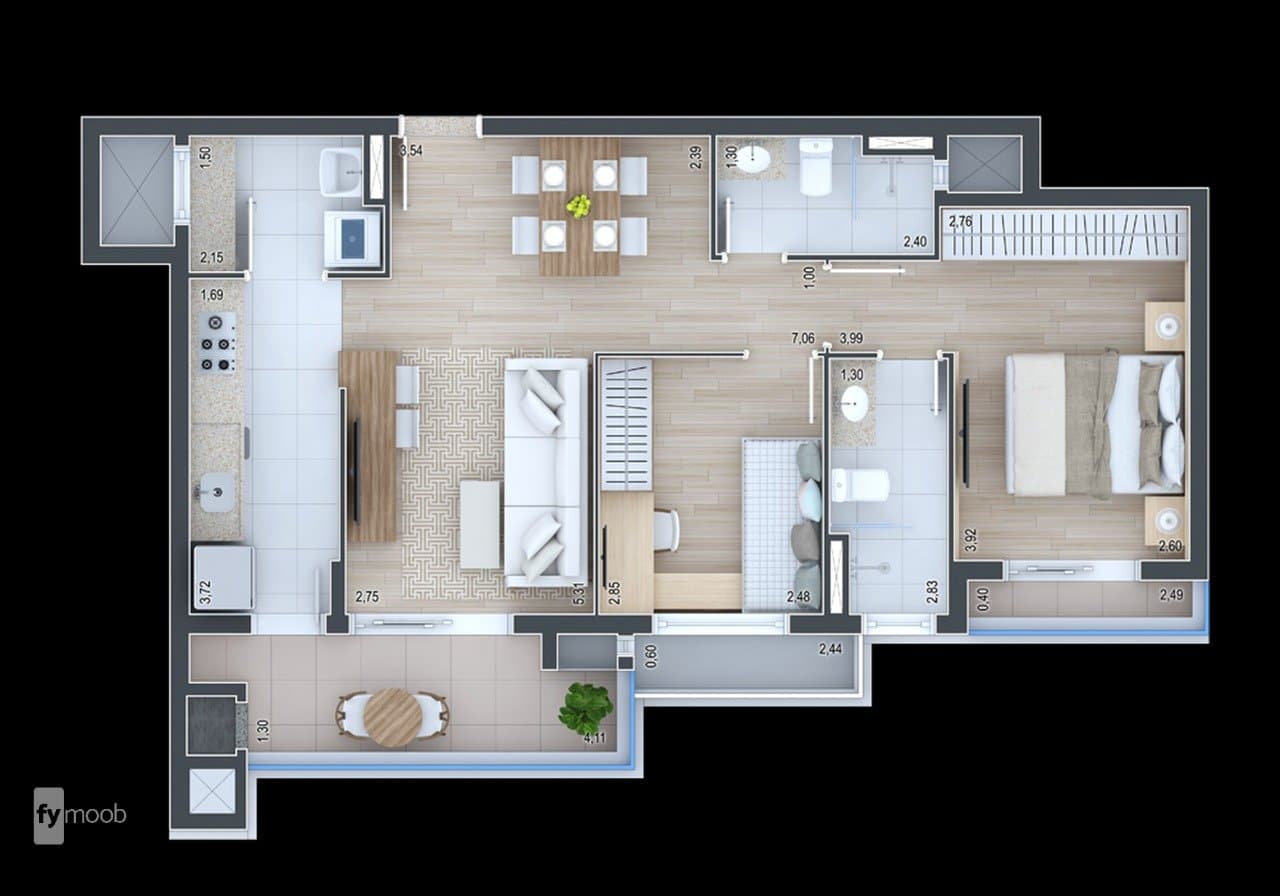 Planta 71 m² - 2 quartos